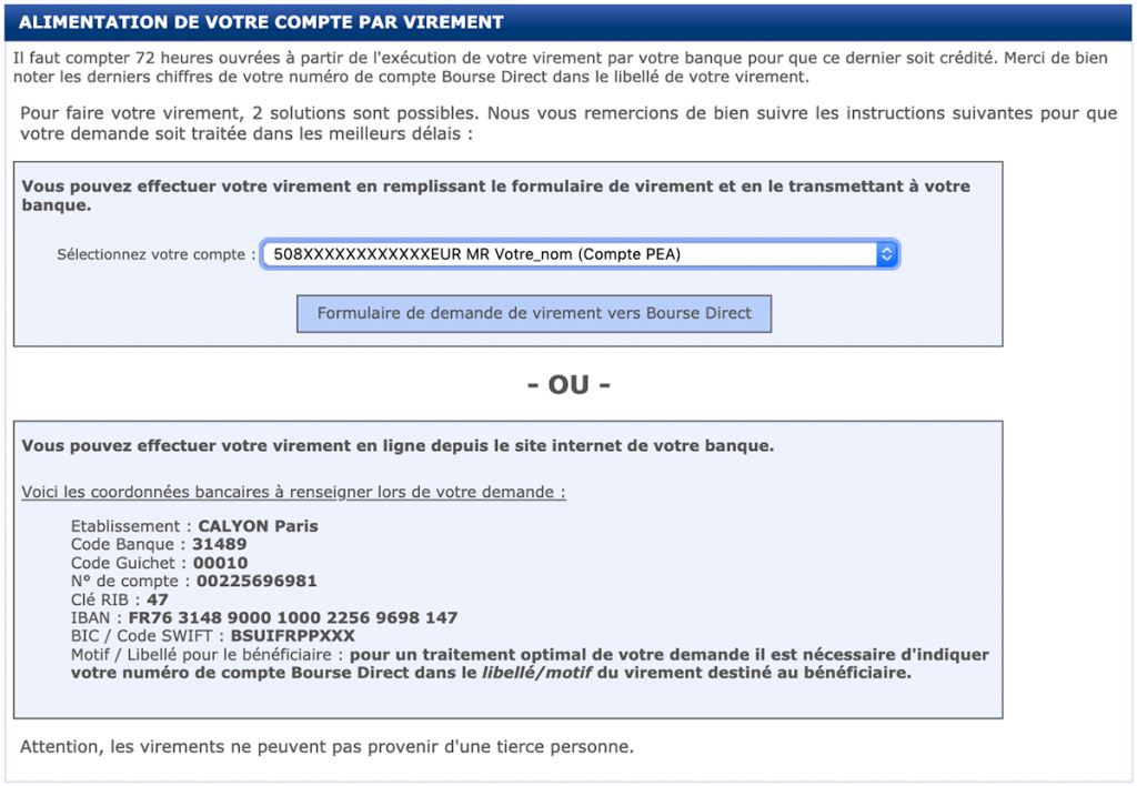 comment faire un virement sur bourse direct